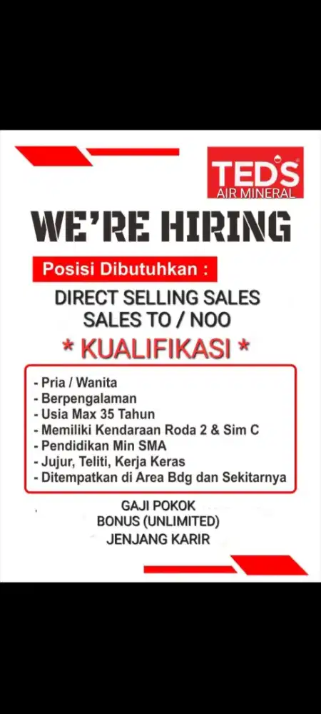 DIBUTUHKAN SGR : 5 ORG SALES P/W (PENGALAMAN)