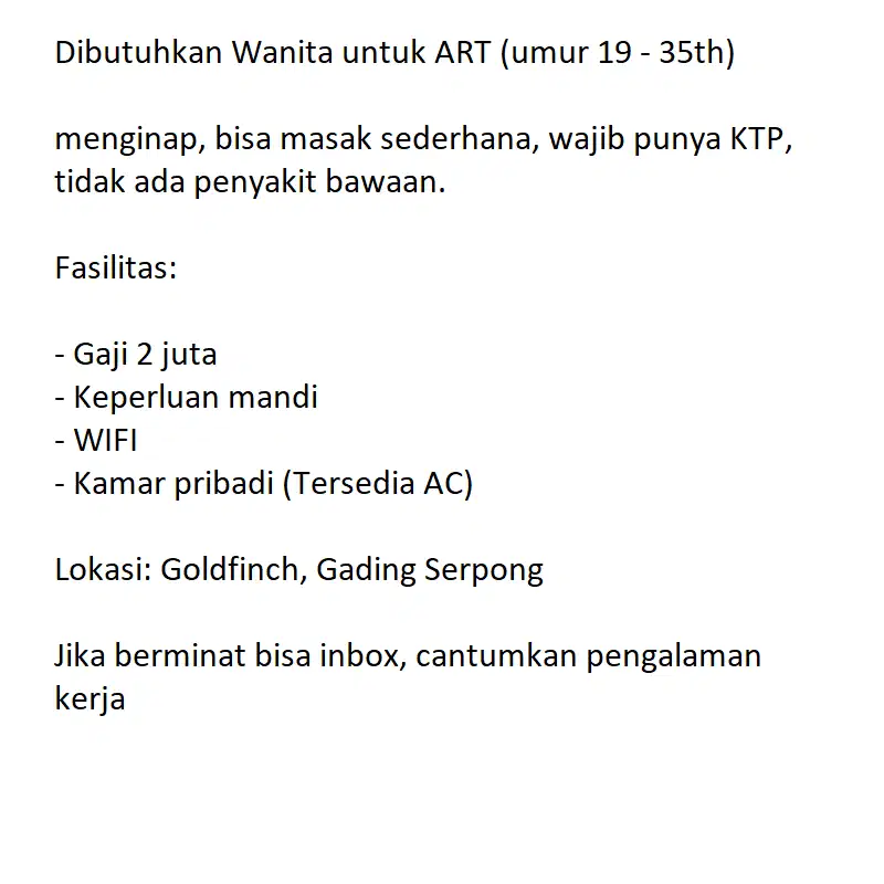 Dibutuhkan Wanita untuk ART (umur 19 - 30th) menginap, bisa masak