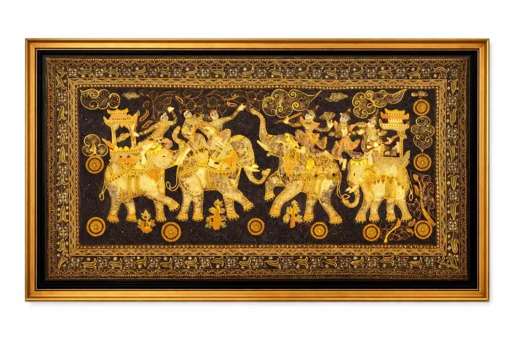 Hiasan Dinding Antik Motif Gajah & Kerajaan – Ukiran / Bordir Etnik