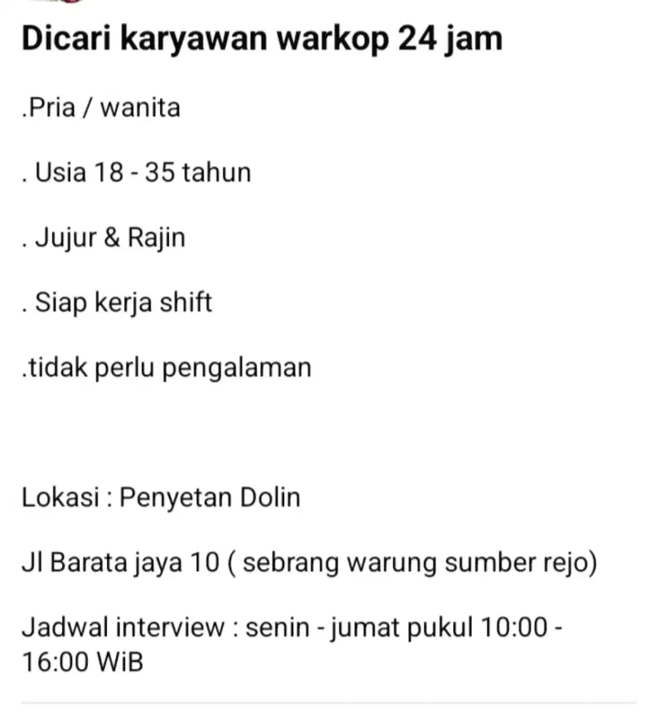 Cari karyawan warkop 24 jam