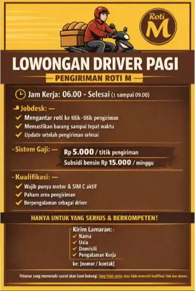 LOWONGAN DRIVER PAGI – PENGIRIMAN ROTI
