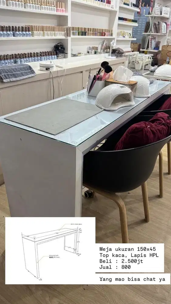 Preloved meja custom 150x45 multiplek hpl kaca