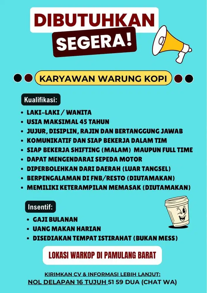 Lowongan JAGA WARKOP di Pamulang
