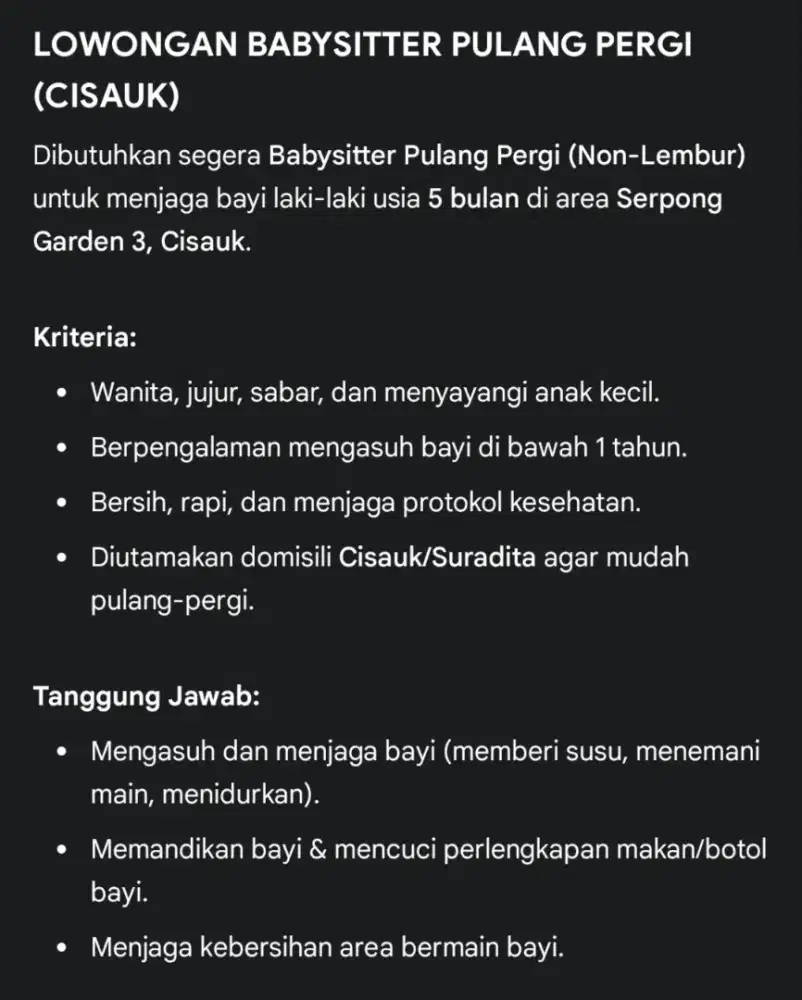 LOWONGAN BABYSITTER PULANG PERGI (CISAUK)