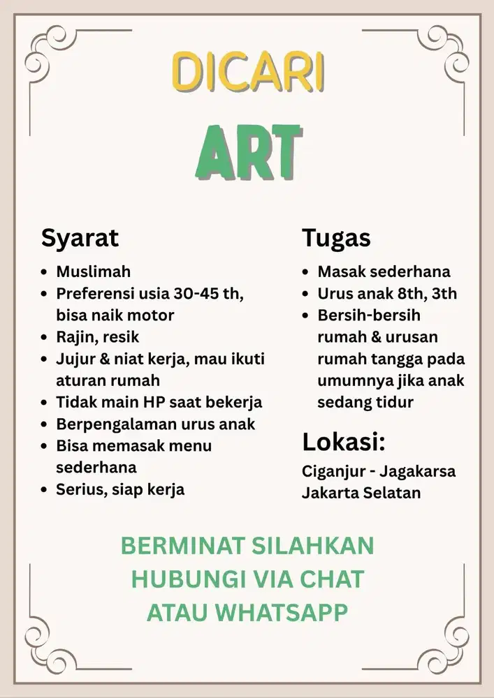 Dicari ART & Momong Anak