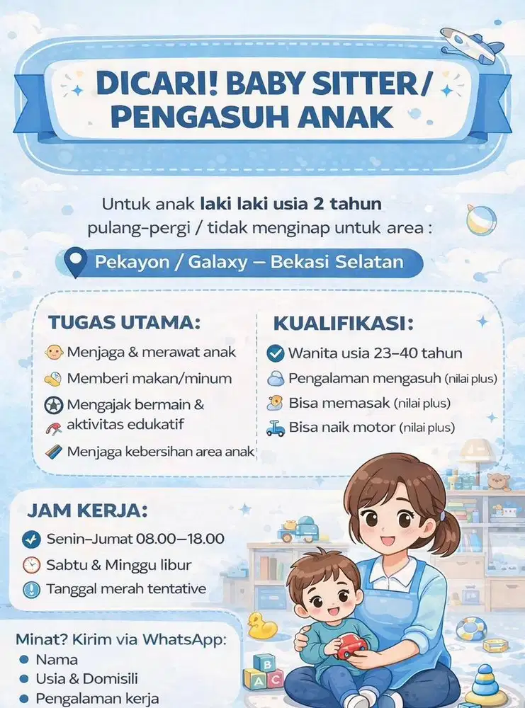 DICARI BABY SITTER / PENGASUH ANAK (PULANG–PERGI)