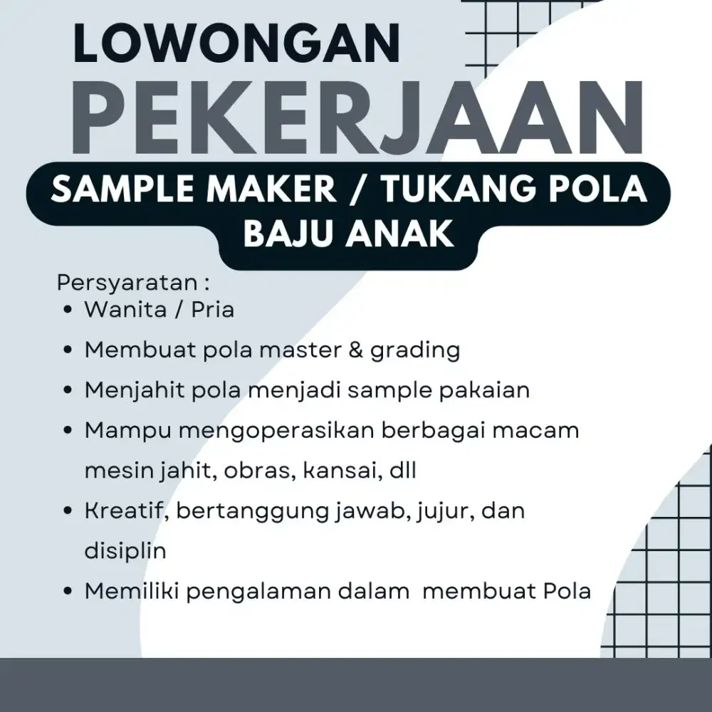 LOWONGAN TUKANG POLA + JAHIT