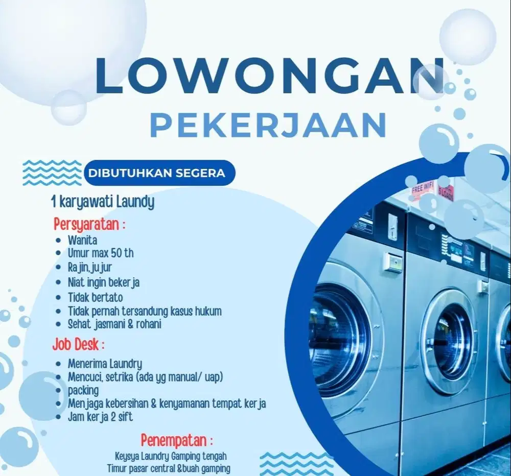 Lowongan Pekerjaan Karyawati Laundry