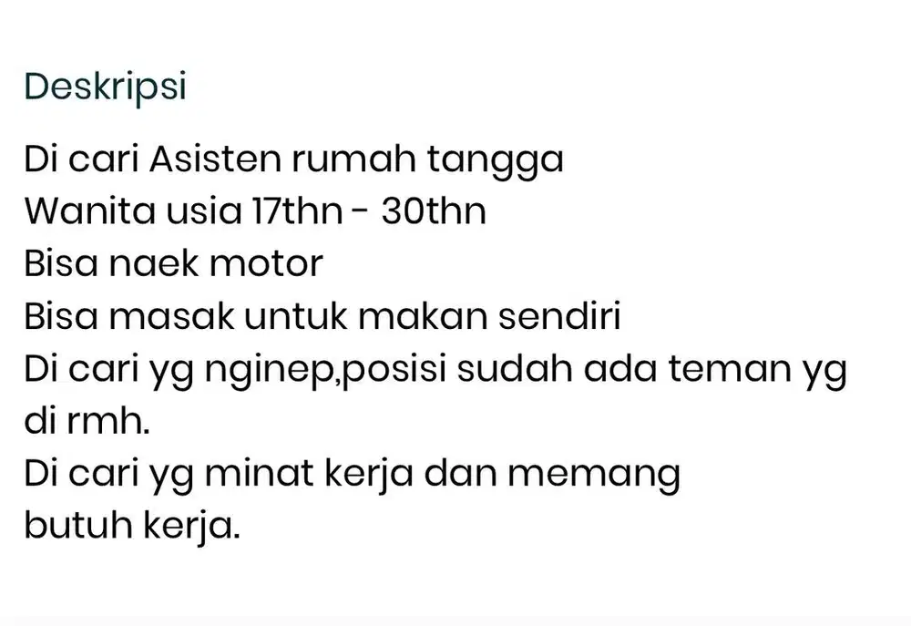 Di cari Pembantu rumah tangga