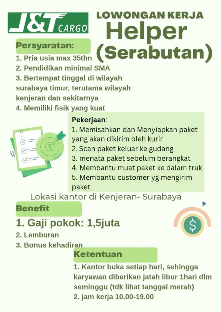 Lowongan kerja helper serabutan full time atau part time JNT cargo