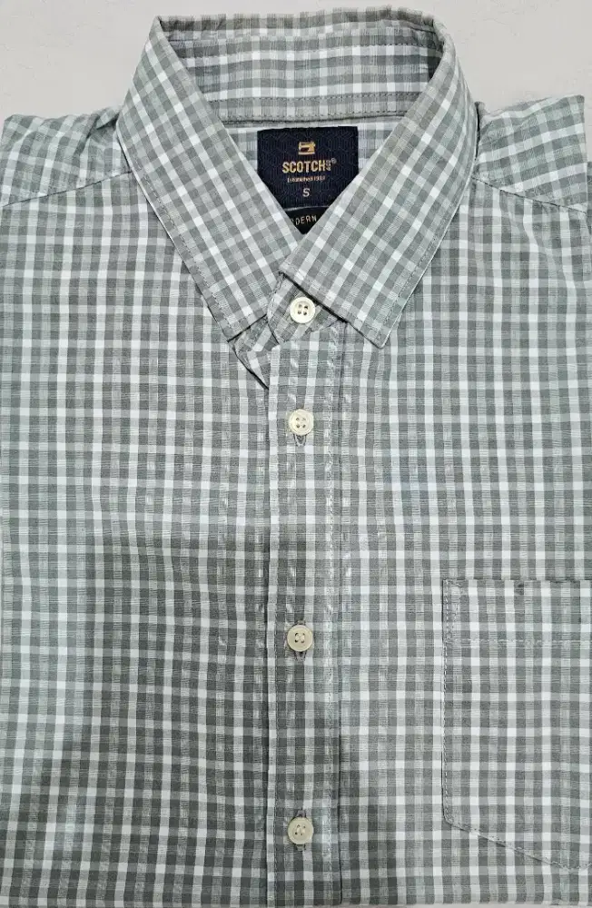 Jual hem lengan pendek, motif kotak kotak, warna abu abu, merek Scotch