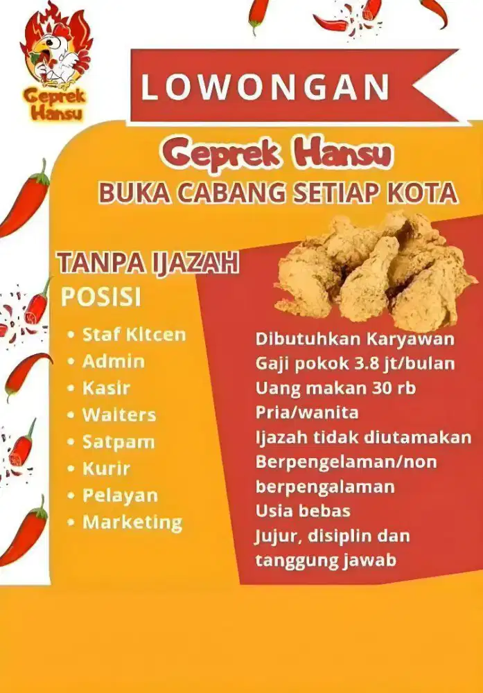 LOWONGAN

Geprek Hansu BUKA CABANG SETIAP KOTA