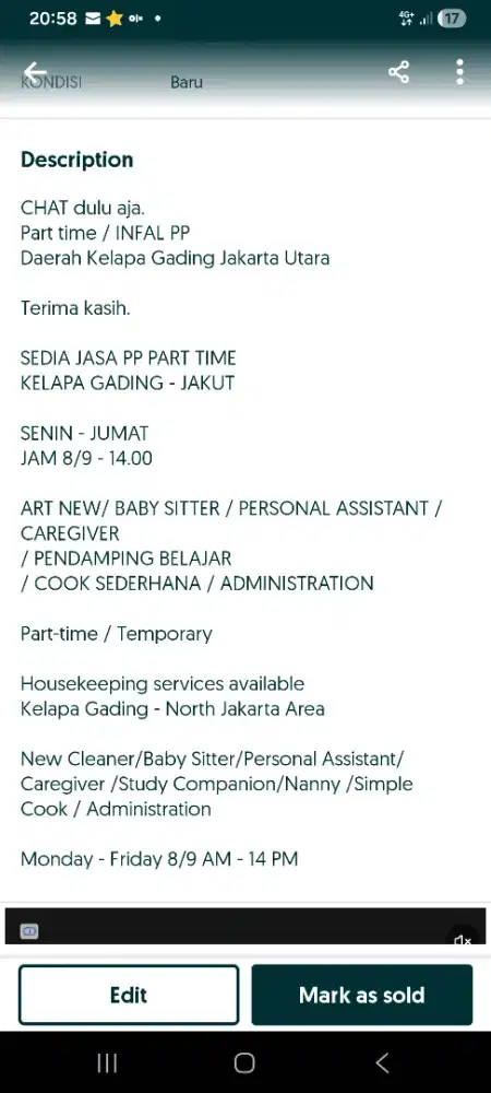 CHAT dulu saja. Parttime /INFAL PP Senin-Jumat 8/9-14.00 Klp Gading.