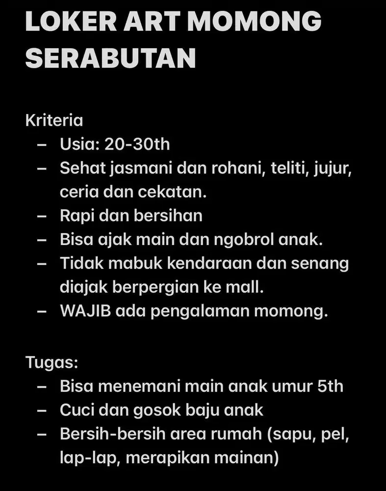 Lowongan Dicari ART Momong / ART Serabutan / Suster Balita serabutan