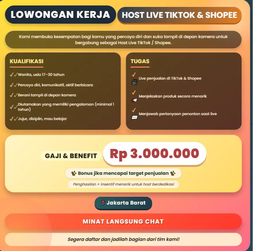 DICARI DIBAGIAN HOSTLIVE DAN KONTEN SHOPEE%TIKTOK