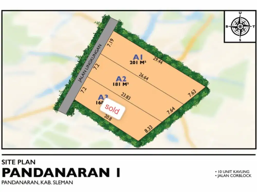 Tanah SHMP Barat Pasar Rejodani – Harga Ekonomis, Lokasi Strategis  Spesifikasi : - Luas 1168m2  - 181m2 dan 201m2 - Lebar Depan 7m - ROW Jalan 5m - S