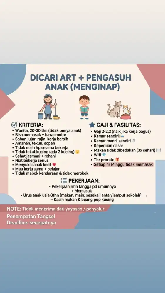 Dicari ART + pengasuh (menginap)