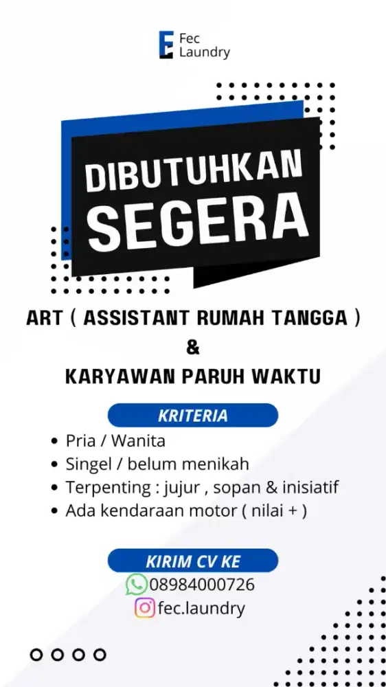 DIBUTUHKAN ASISTEN RUMAH TANGGA ATAU KARYAWAN PARUH WAKTU