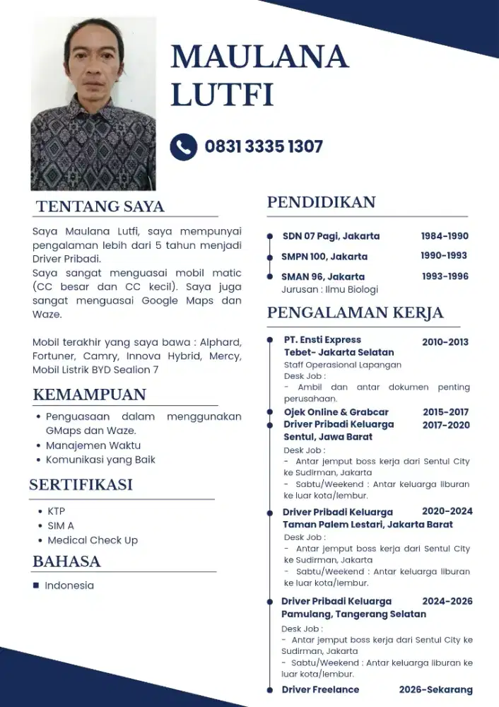 Saya sedang mencari pekerjaan sebagai Driver Pribadi