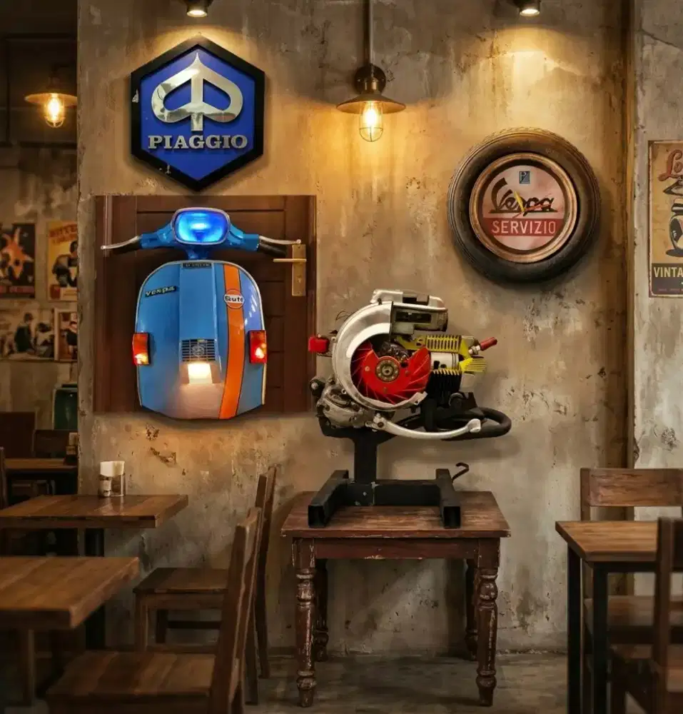 Dekorasi logo vespa lawas jadul ex dealer sepeda vintage