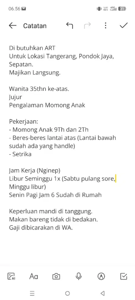 Dibutuhkan Asisten Rumah Tangga Lokasi Sepatan Tangerang