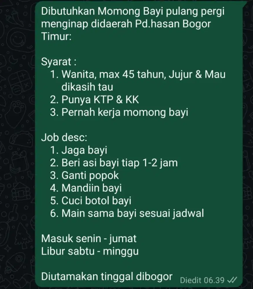 Lowongan Kerja Menginap Momong Bayi Dekat Pd.hasan