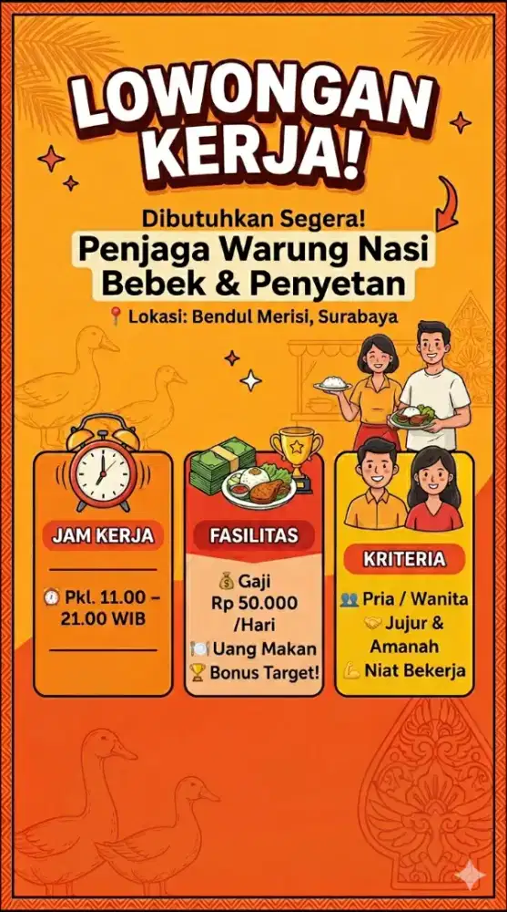 Lowongan Jaga Warung Nasi Bebek & Penyetan - Bendul Merisi Gaji+Bonus