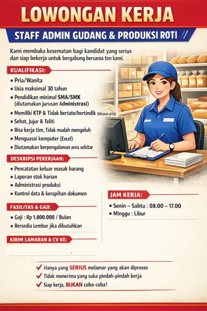 Dibutuhkan segera staf admin gudang dan produksi roti