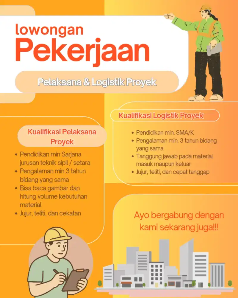 Lowongan kerja Pelaksana & Logistik Proyek Perumahan