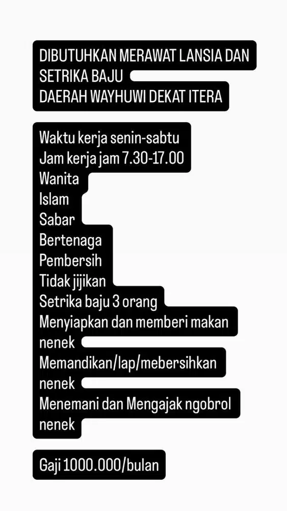 DIBUTUHKAN MEMBANTU MERAWAT LANSIA DAN SETRIKA BAJU