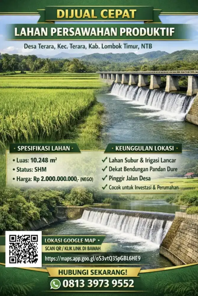 Sawah Produktif 1Ha Lombok Timur SHM Dekat Irigasi & Jalan Desa