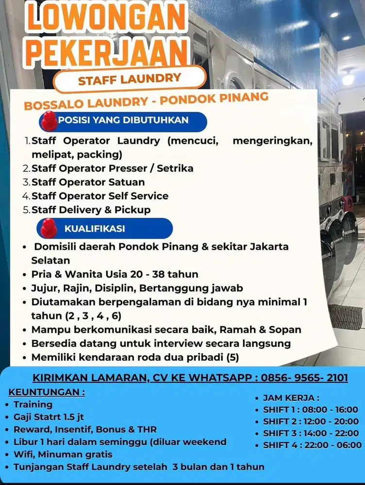 LOWONGAN KERJA STAFF LAUNDRY PONDOK PINANG