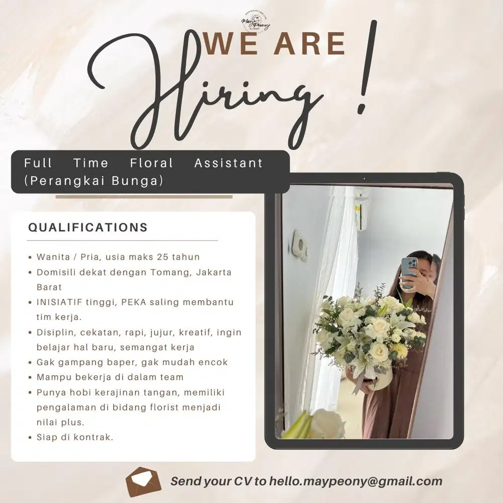 LOWONGAN KERJA – FULL TIME FLORAL ASSISTANT (PERANGKAI BUNGA)