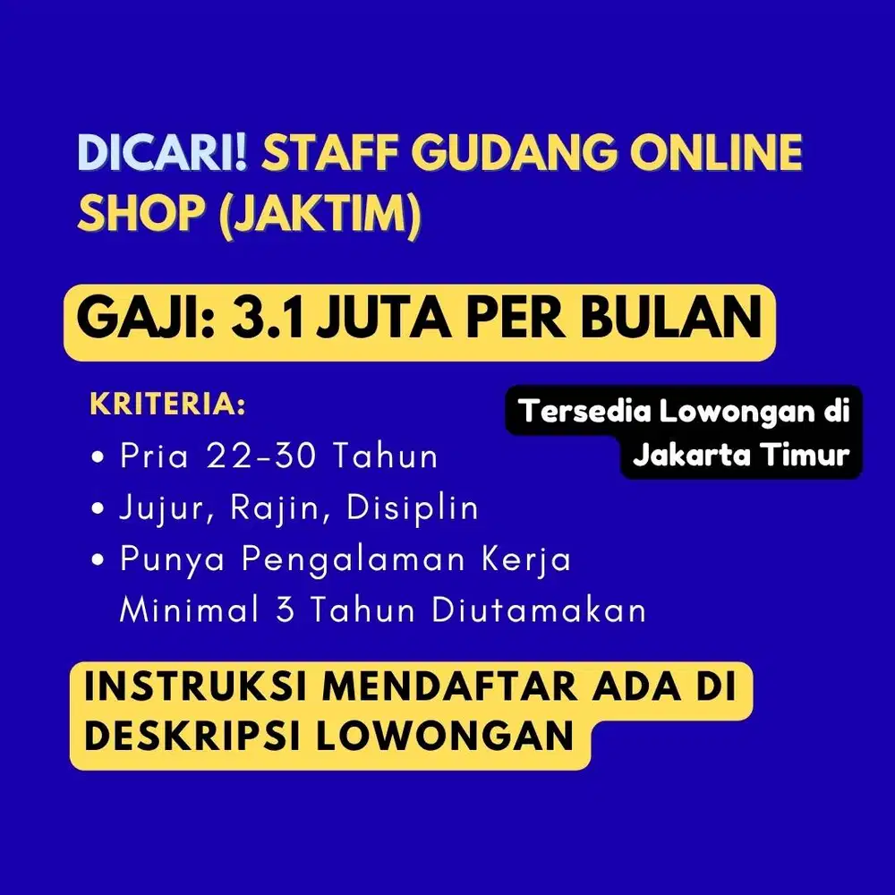 DICARI STAFF UNTUK GUDANG ONLINE SHOP RAJIN, DISIPLIN, DAN TELITI
