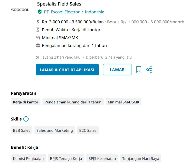 Spesialis Field Sales PT Escool Soocool Sales Lapangan