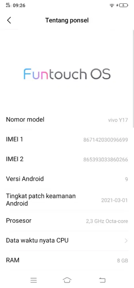 Jual hp Vivo y17 btangan tanpa kerdus dan cager
