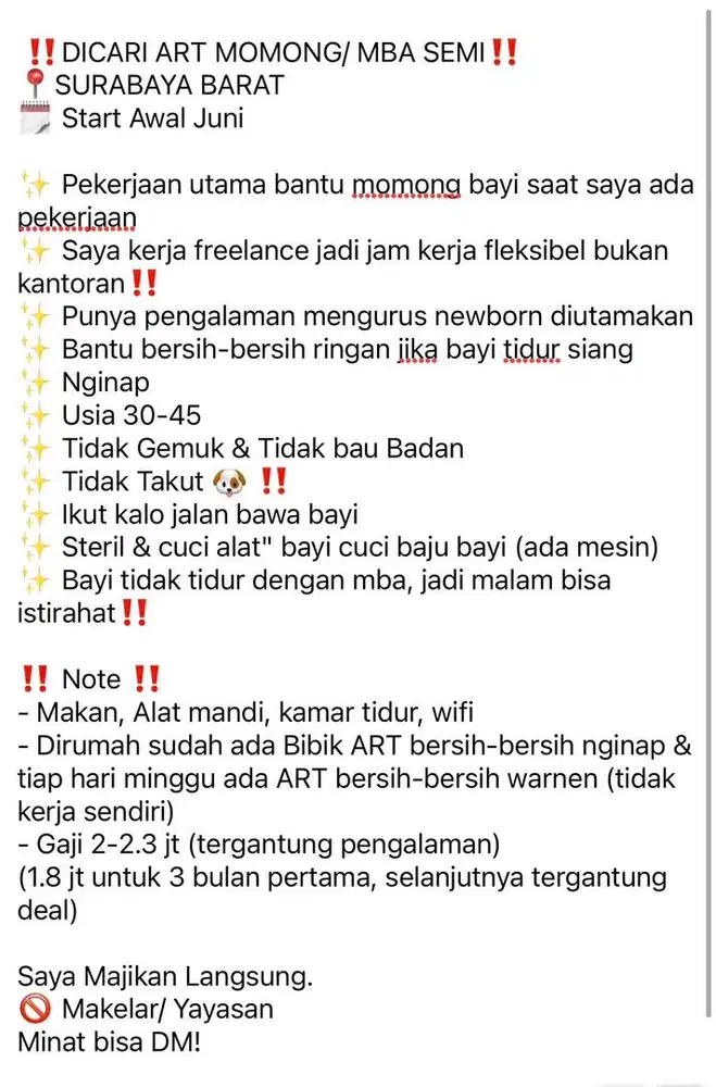 Dicari ART Momong Surabaya Barat