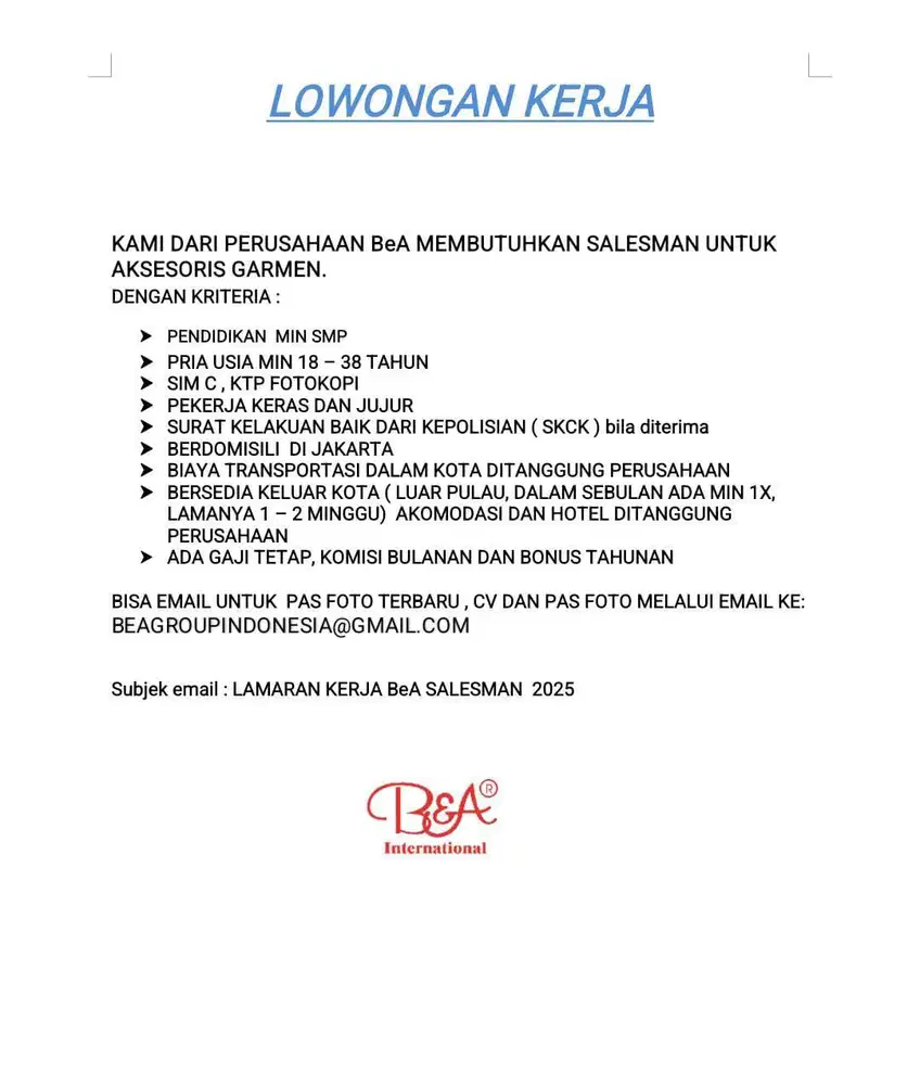 DIBUTUHKAN SALES/MARKETING PRIA MAKS 38 THN