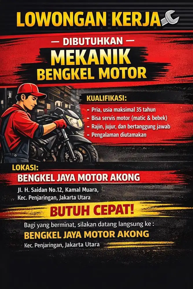 DIBUTUHKAN MEKANIK BENGKEL MOTOR – JAYA MOTOR AKONG