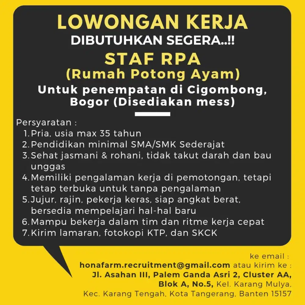 Dibutuhkan segera Staf RPA (Rumah Potong Ayam)