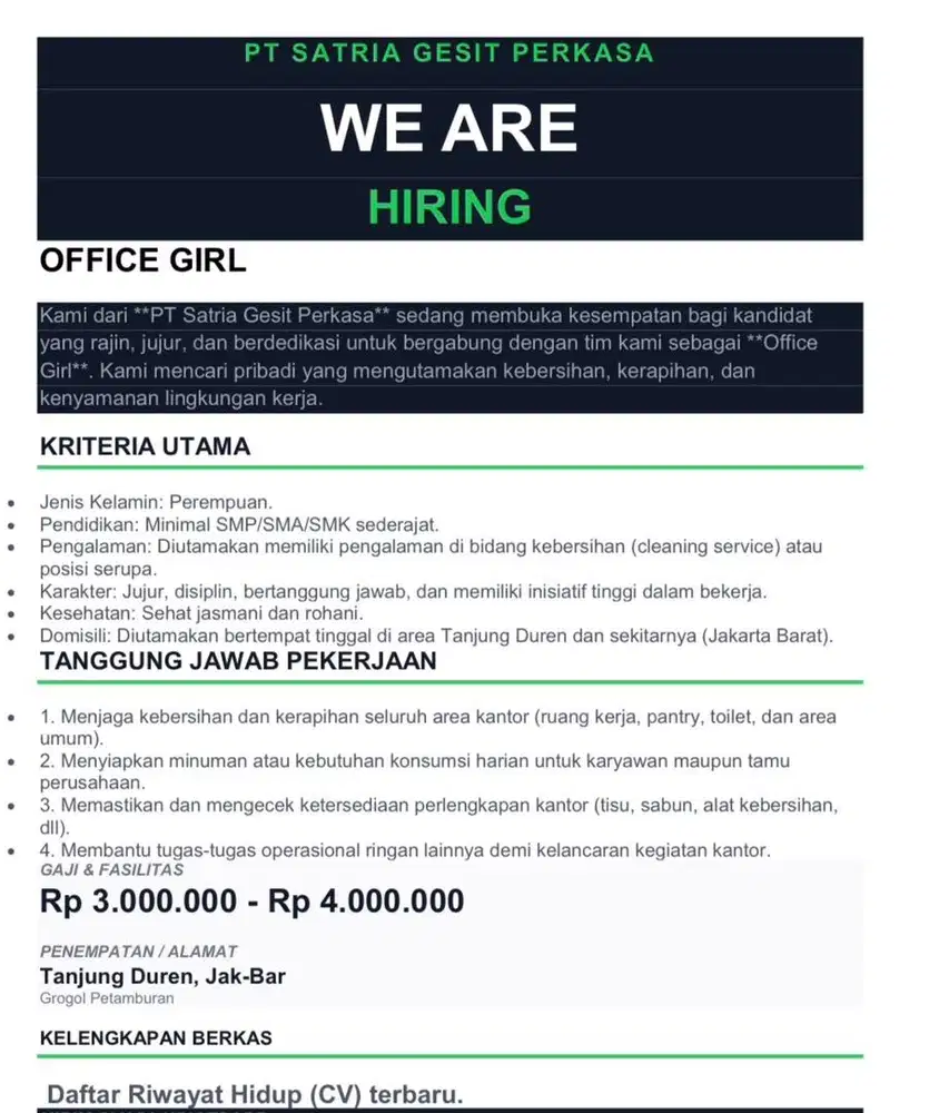 Loker office girl khusus cewek