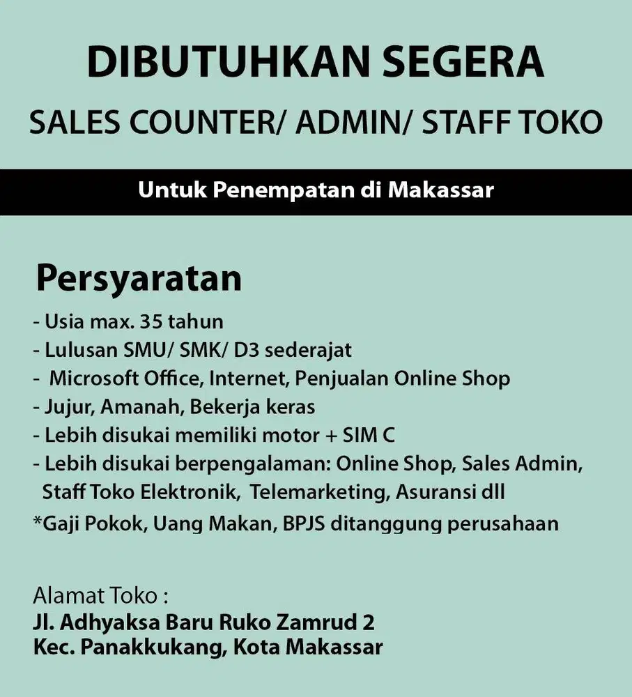 DI BUTUHKAN SEGERA STAFF TOKO