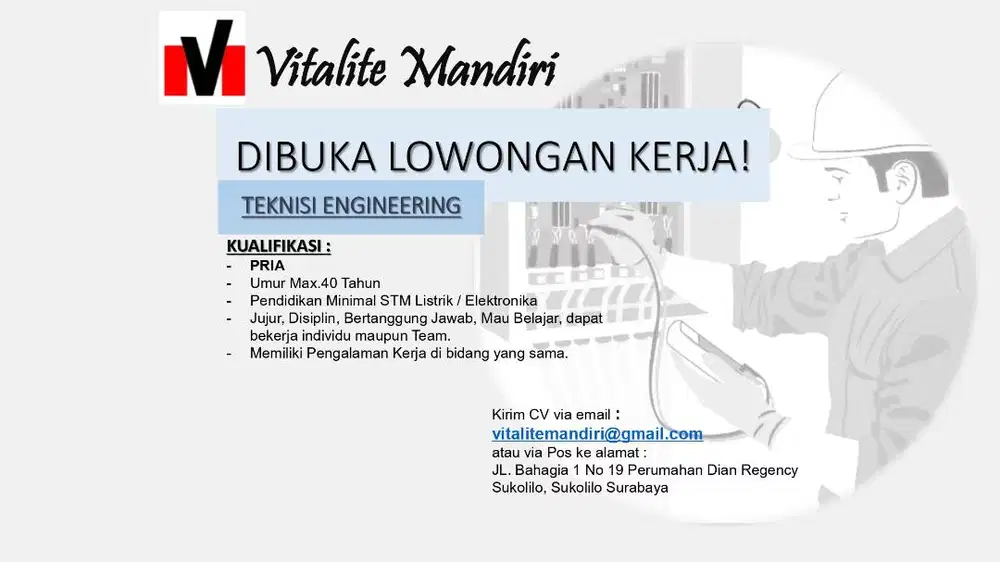 AREA SURABAYA : LOWONGAN KERJA TEKNISI ENGGINEERING
