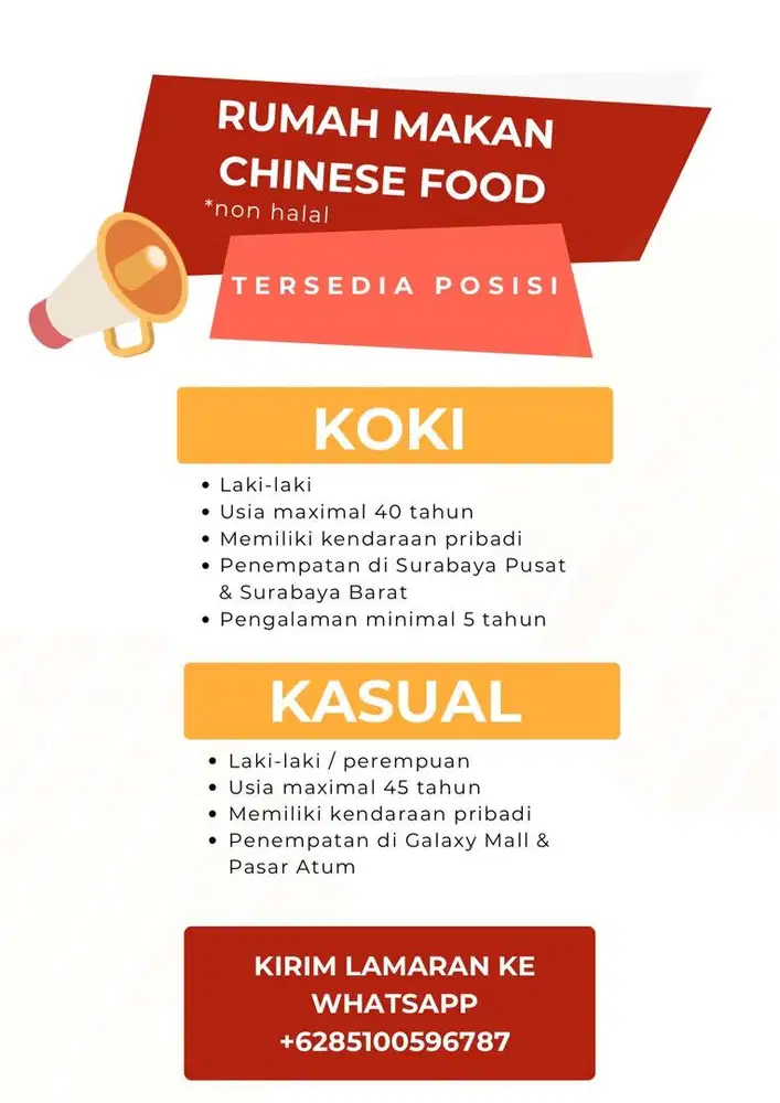 WE ARE HIRING! Rumah Makan Chinese Food