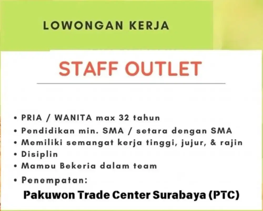 Lowongan Kerja Staff Toko PTC