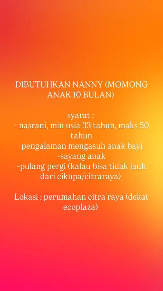 DICARI NANNY (PENGASUH BAYI)
