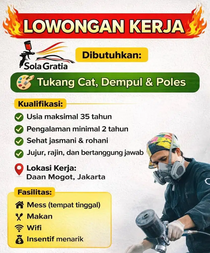 Lowongan untuk bengkel ; tukang cat, poles, dempul