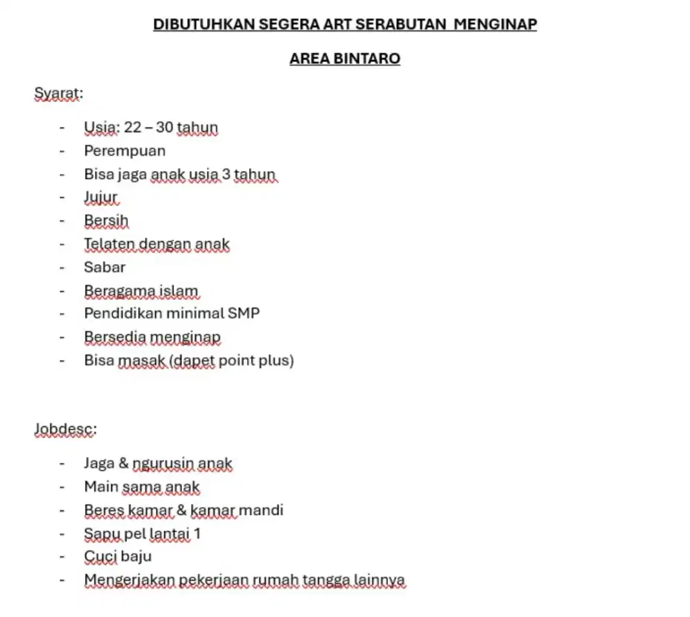 DIBUTUHKAN SEGERA ART SERABUTAN MENGINAP (BINTARO)