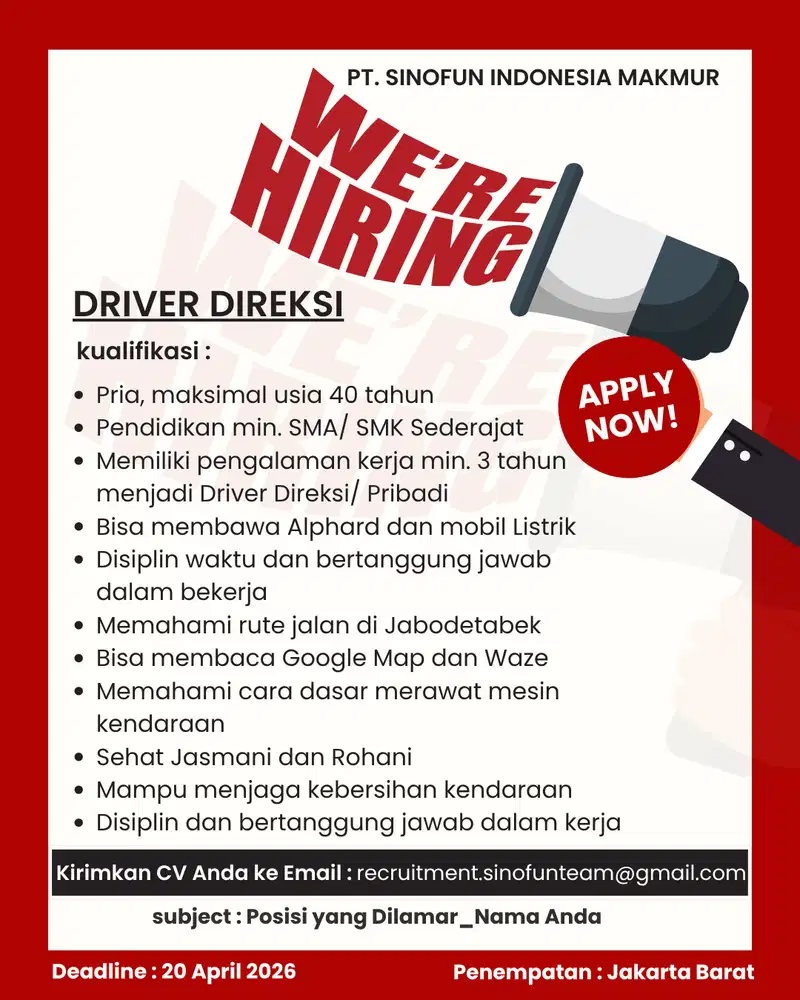 LOWONGAN KERJA - DRIVER DIREKSI! URGENT!