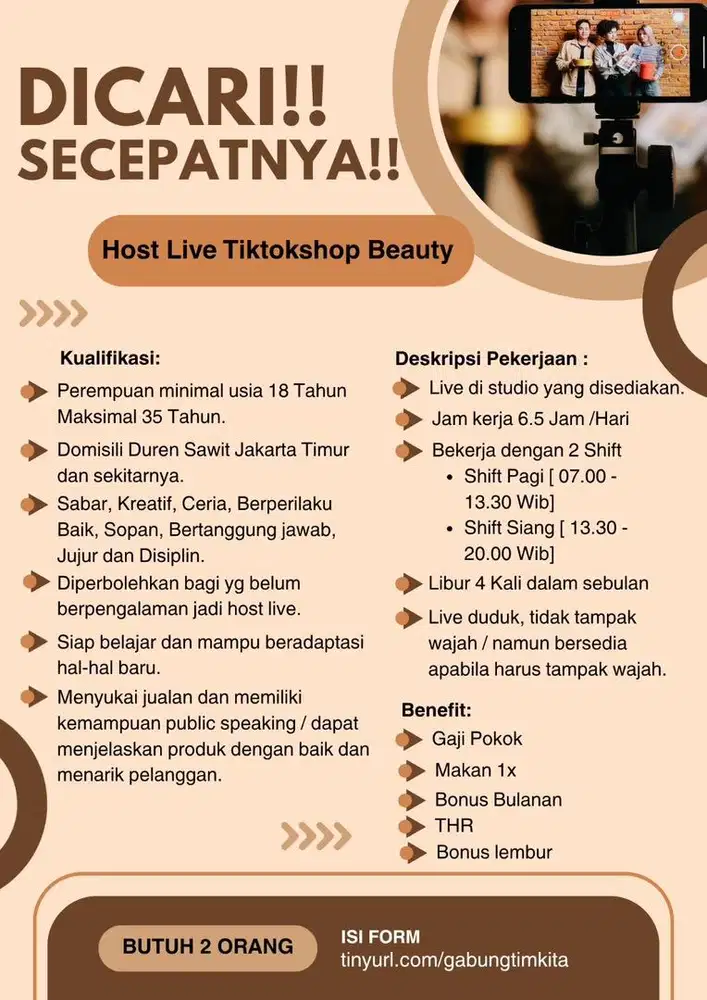 LOWONGAN KERJA DICARI CO HOST LIVE TIKTOKSHOP SECEPATNYA